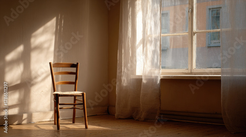 Empty chair by window — sun...