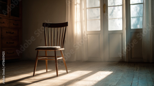 Empty chair by window — sun...