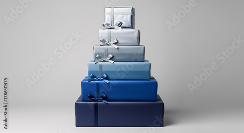 Elegant stack of gift boxes wrapped in a modern blue to silver gradient. A sophisticated tower of presents for a birthday, holiday, or corporate celebration, isolated on a clean gray background.