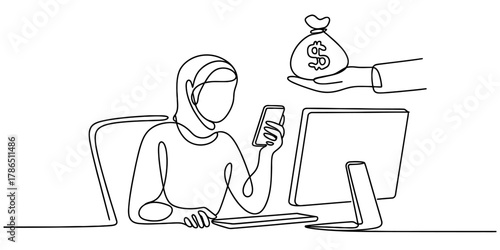 A continuous line drawing depicts a woman in hijab working at a computer while receiving money, showcasing online business, financial success, and modern technology continuous one line art of vector i
