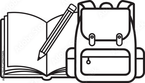 Simple line art illustration of an open book with a pencil and a backpack