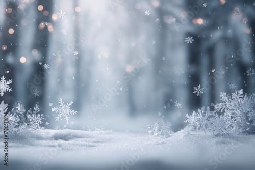 Gentle winter background with detailed snowflakes falling over soft snow surface