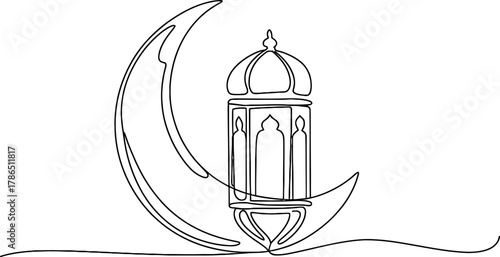 A continuous line drawing of a crescent moon and a lantern, the image is a minimalist design in black and white, representing islamic culture or ramadan continuous one line art of vector illustration