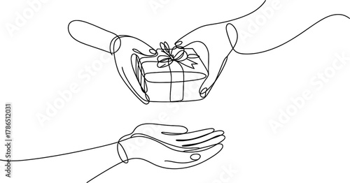 Continuous line drawing of hands giving a gift, symbolizing generosity, sharing, and the act of giving, the minimalist style emphasizes kindness and thoughtfulness continuous one line art of vector il