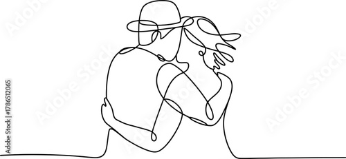 Continuous line drawing of a couple embracing, showcasing a romantic and intimate moment between two people, with the man wearing a hat, the minimalist style emphasizes connection and love continuous 