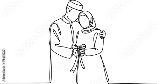 Continuous one line drawing of happy muslim couple romantic arabian man and woman in love islamic family concept vector illustration of husband and wife relationship continuous one line art of vector 