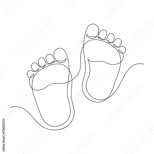 Footprint, leg silhouette baby child one continuous line drawing. Hand drawn isolated outline newborn bare foot. Vector illustration