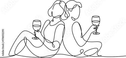 Continuous one line drawing of couple drinking wine man and woman toast with glass of wine vector illustration of romantic date, celebration, anniversary, party continuous one line art of vector illus