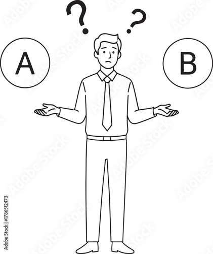 Man standing between two choices labeled a and b with question marks above his head symbolizing indecision