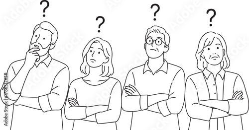 Four diverse people standing with question marks above their heads contemplating a difficult decision