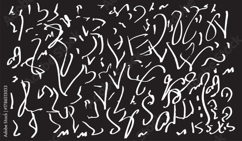 Abstract strokes and scribbles in black and white form a complex pattern, evoking a sense of creative energy and visual exploration. The dynamic brushstrokes dance across the surface.