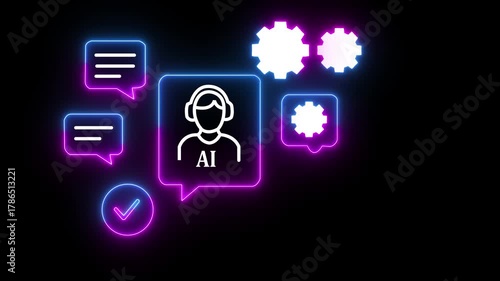 User Activating AI Virtual Assistant Interface with Chat Bubble, Gear Icons and Smart Customer Support 4k video