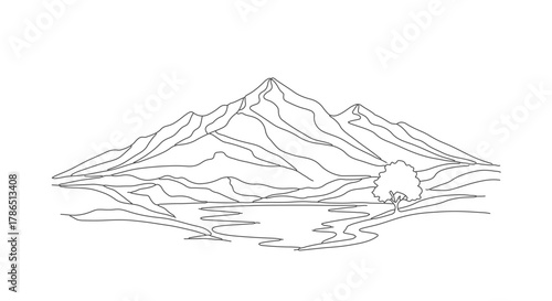 Single continuous line art of majestic mountain range reflecting in serene water with a lone tree, a minimalist masterpiece
