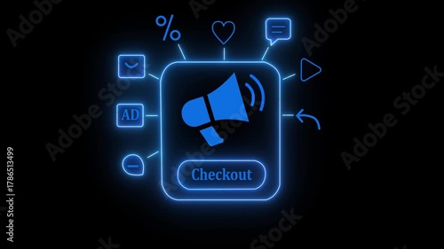 Hand pressing glowing checkout megaphone ad icon on laptop for digital marketing 4k video