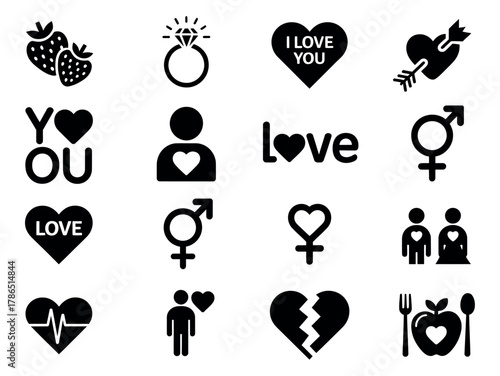 A collection of romantic and love-themed icons representing relationships and affection.