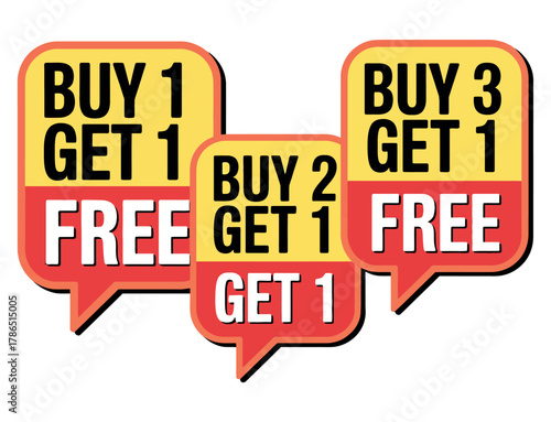 Sale signs advertise buy one get one free, buy two get one free, and buy three get one free offers.