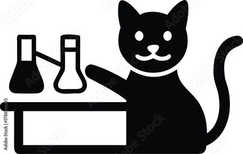 Black silhouette of a cat conducting a science experiment