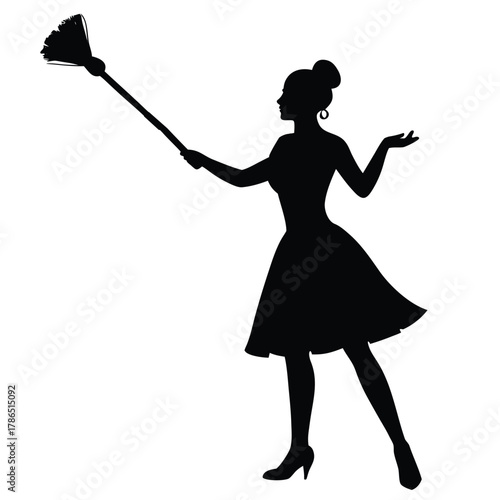 Silhouette of Woman Cleaning with Feather Duster on Stick Wearing Short Dress