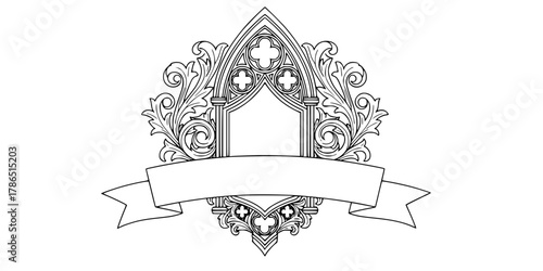Gothic Crest Badge Blank Banner Minimalist Line Art Vector