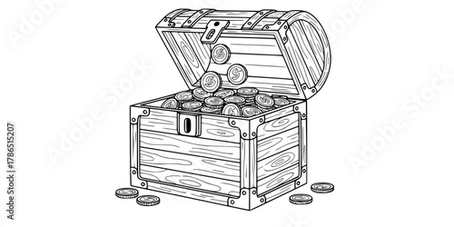 Open Medieval Treasure Chest Simple Line Art Vector