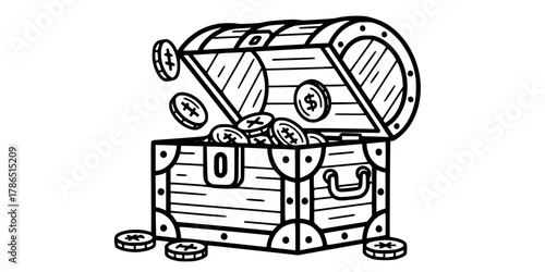 Open Medieval Treasure Chest Simple Line Art Vector