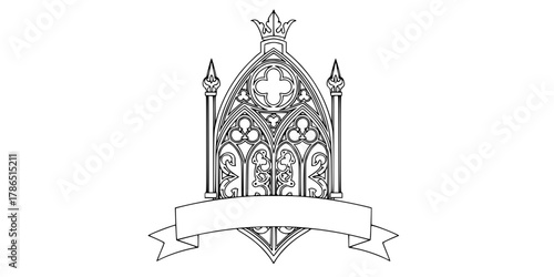 Gothic Crest Badge Blank Banner Minimalist Line Art Vector