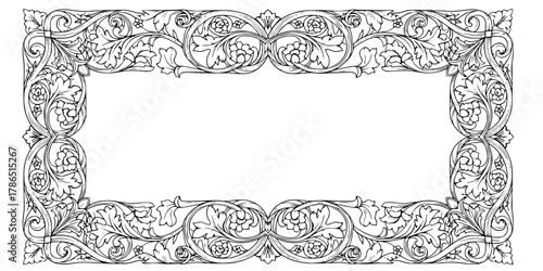 Medieval Tapestry Floral Border Simple Line Art Vector