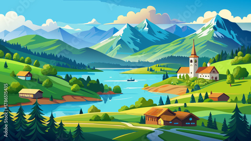 Very beautiful idyllic summer view of the Forggensee and the Ostallgäu alpine foothills, featuring calm blue water, lush green meadows, and a realistic serene Bavarian landscape under clear warm light