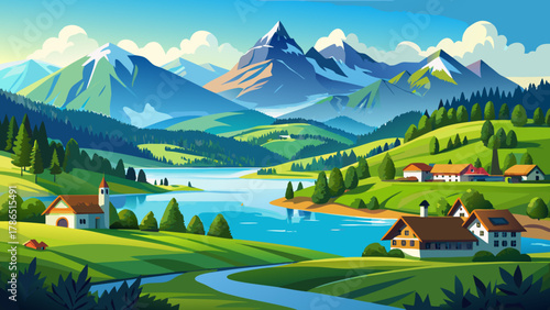Very beautiful idyllic summer view of the Forggensee and the Ostallgäu alpine foothills, featuring calm blue water, lush green meadows, and a realistic serene Bavarian landscape under clear warm light