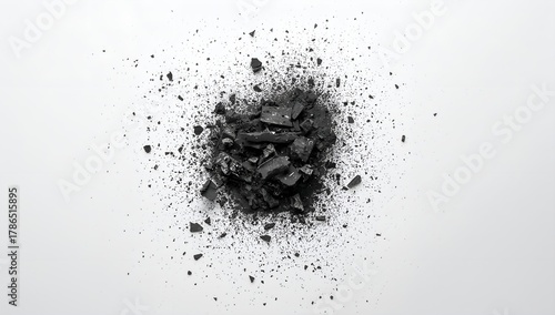 Pile of scattered charcoal pieces on a white background top down close up view