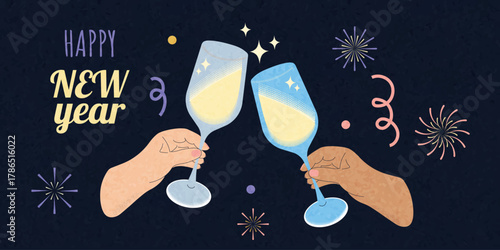 Flat vector illustration of hands toasting with champagne glasses on dark background. Happy New Year celebration with fireworks, confetti, and festive mood