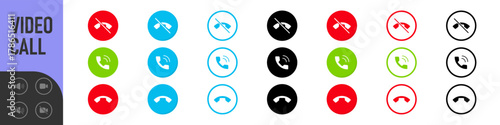 Set of Video call icons. Video conference. Collections buttons of on-line video chat app, internet talk, call technology. Web app ui display template. Videoconferencing and online meeting workspace