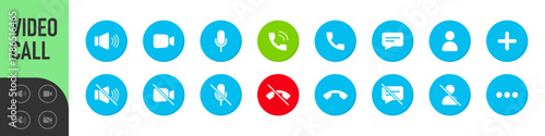 Set of Video call icons. Video conference. Collections buttons of on-line video chat app, internet talk, call technology. Web app ui display template. Videoconferencing and online meeting workspace