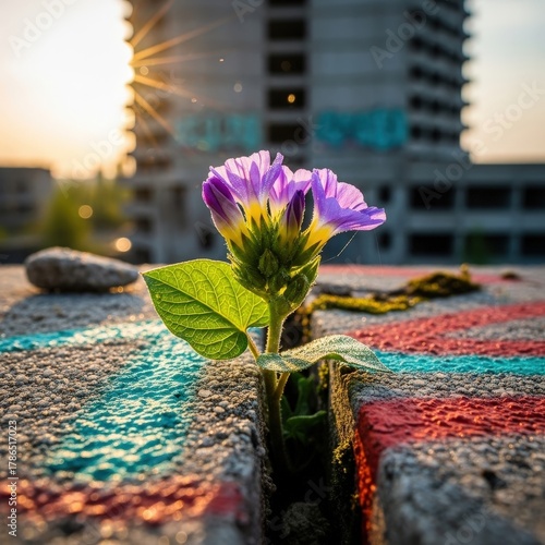 Beauty persists a purple flower blooms defiantly in a crack in concrete at sunrise near a faded urban building