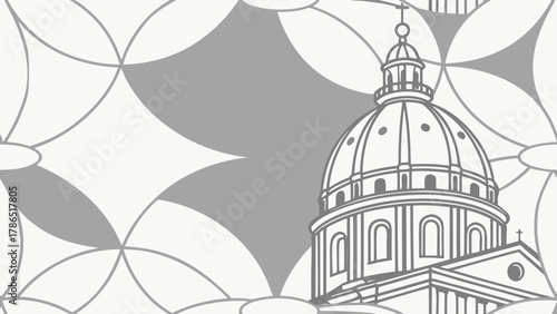 Architectural drawing of a building with a dome, partially obscured by a geometric pattern.