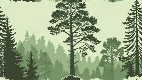 Forest illustration with layers of evergreen trees in varying shades of green, creating a depth effect.