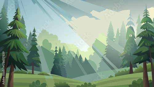 Illustration of a forest landscape with tall green trees and sunlight streaming through the canopy.