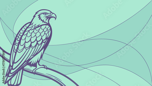 An illustration of an eagle perched on a branch, with abstract lines in the background.