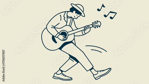 Line drawing of a man playing an acoustic guitar with musical notes floating above.