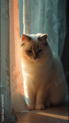 beautiful ragdoll cat sitting near window