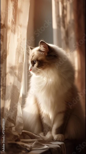 beautiful ragdoll cat sitting near window