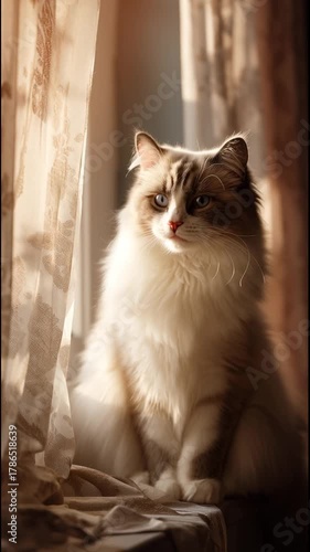 beautiful ragdoll cat sitting near window