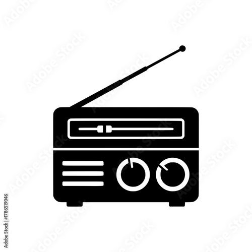 Classic Retro Portable Radio Icon with Antenna, Solid Silhouette Vector