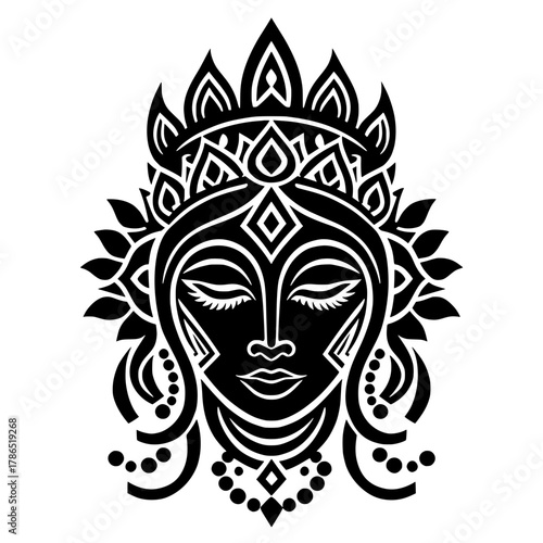 A stylized and symmetrical monochrome vector illustration of a goddess's face or spiritual figure from Asian traditions (Indian, Buddhist, Hindu).