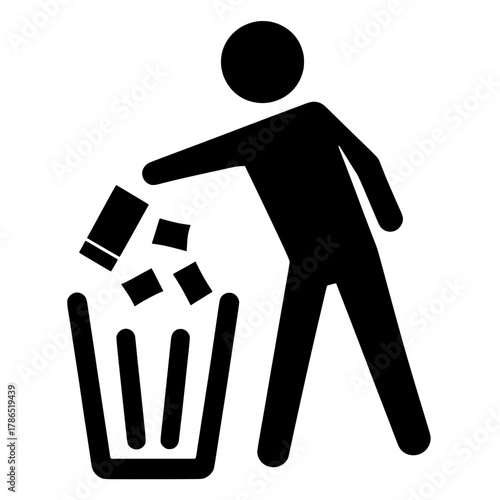 A black silhouette vector illustration of a pictogram icon showing a human figure disposing of trash into a waste bin.