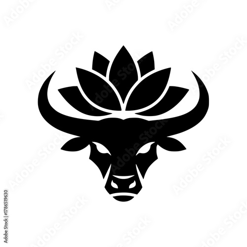 Black Silhouette Bull Head and Lotus Flower Logo