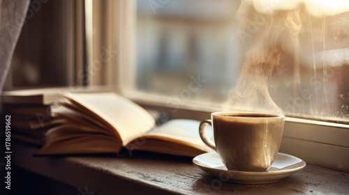 Cup of coffee steaming on w...