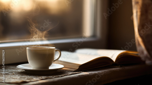 Cup of coffee steaming on w...