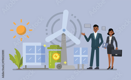 Sustainable Business and Green Energy concept flat character vector illustration design.