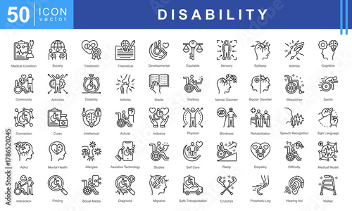 Disability icon set featuring medical condition, treatment, rehabilitation, mental health, assistive technology and sign language. Perfect for inclusion, awareness, and healthcare projects.